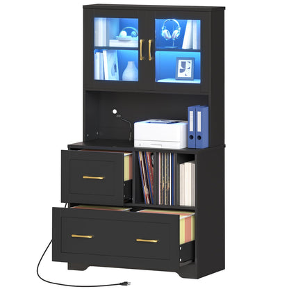 HOOBRO 2 Drawer File Cabinet with Charging Station & LED Lights