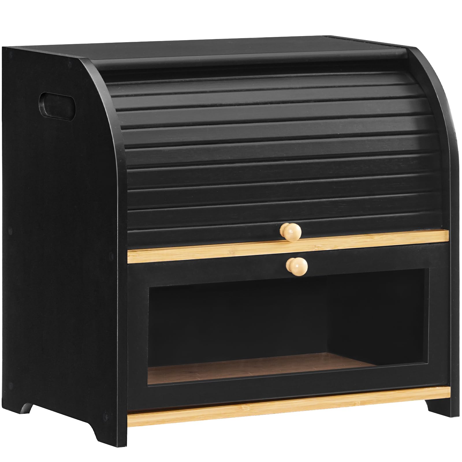 Black roll-top bread box with wooden accents on a white background