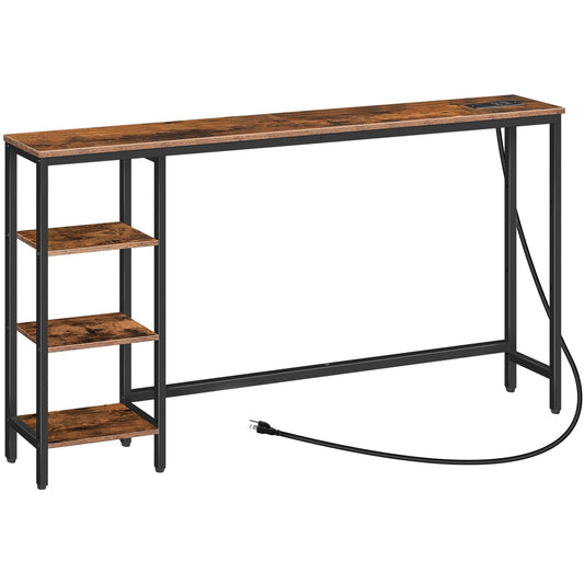 HOOBRO Retro Brown 63-inch Console Table with Power Outlet & Storage & Shelves