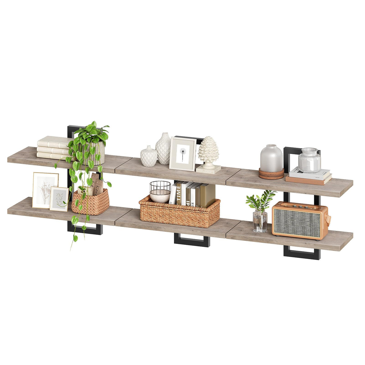 HOOBRO Floating Shelves, 15 Inch Wall Shelf Set of 3, Wall Mounted Storage Shelves 2-Tier, Hanging Bathroom Shelves, for Living Room, Bedroom, Bathroom, Kitchen, Greige and Black BG32BJP301