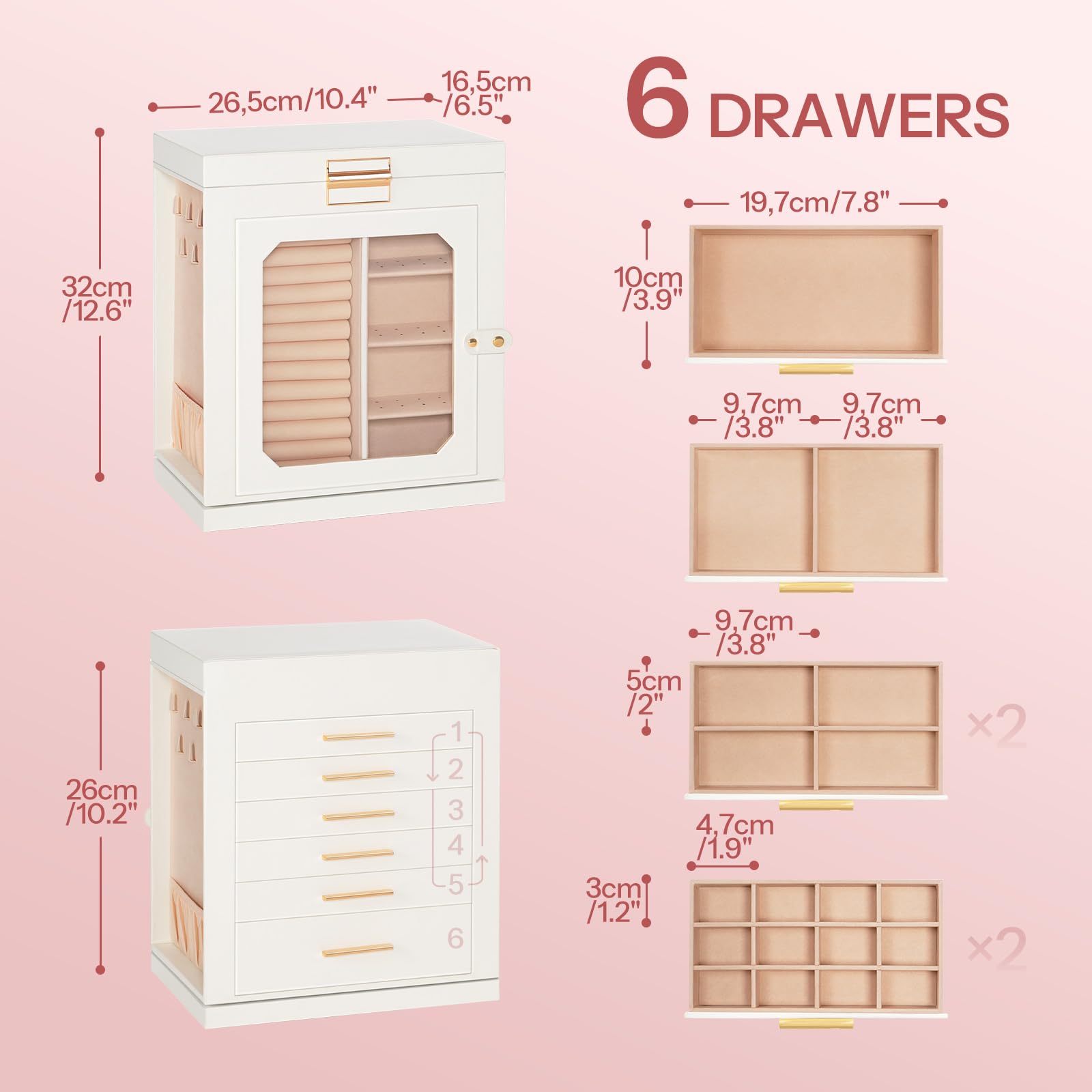 HOOBRO 360° Rotating Jewelry Organizer Box with Mirror & 6-Drawer