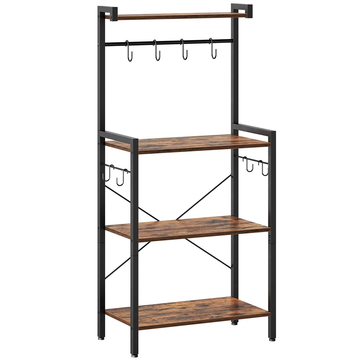 Multifunctional shelving unit with wooden shelves and metal hooks on a white background