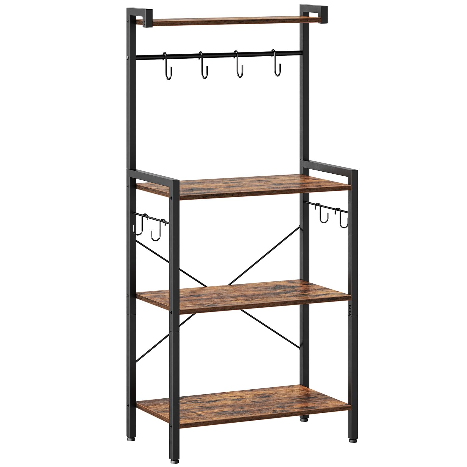 Multifunctional shelving unit with wooden shelves and metal hooks on a white background