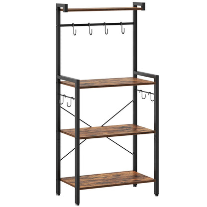 Multifunctional shelving unit with wooden shelves and metal hooks on a white background