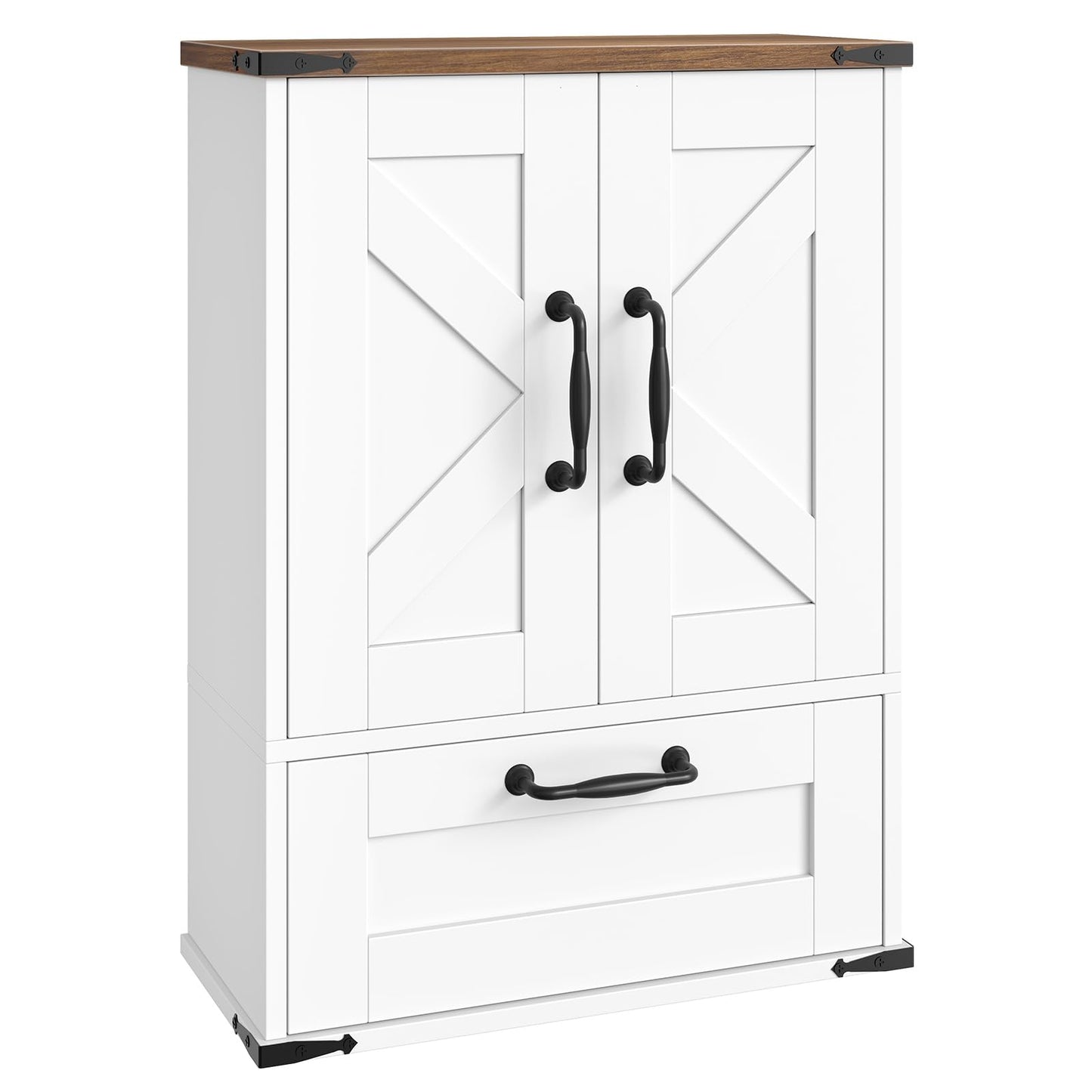 White cabinet with black handles on a white background