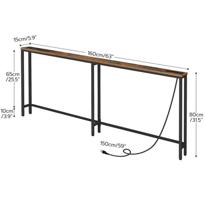 HOOBRO Brown 63-inch Narrow Console Table with Charging Station & 2 Power Outlets & USB Port