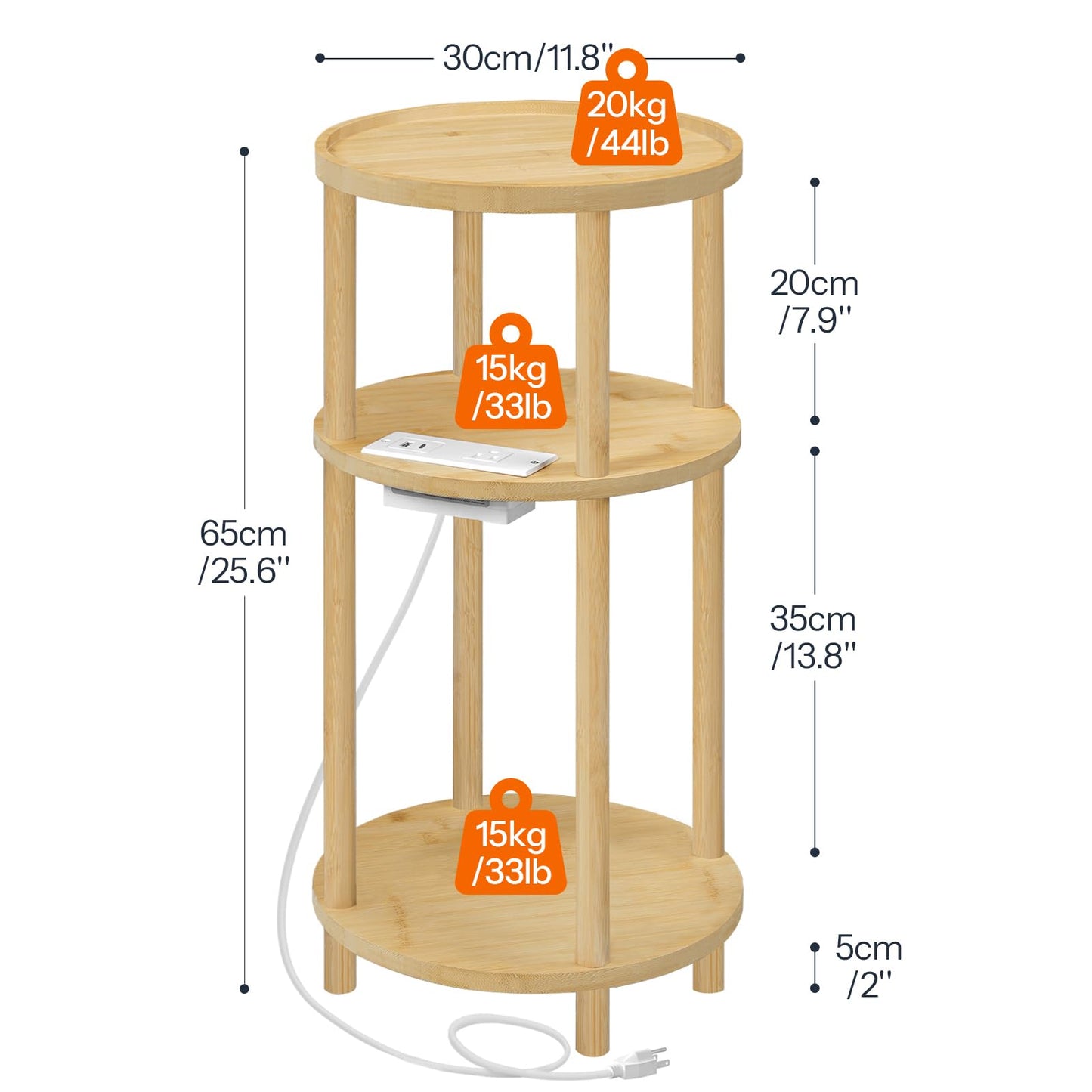 HOOBRO Three-Tier Small Round Side Table with Charging Station
