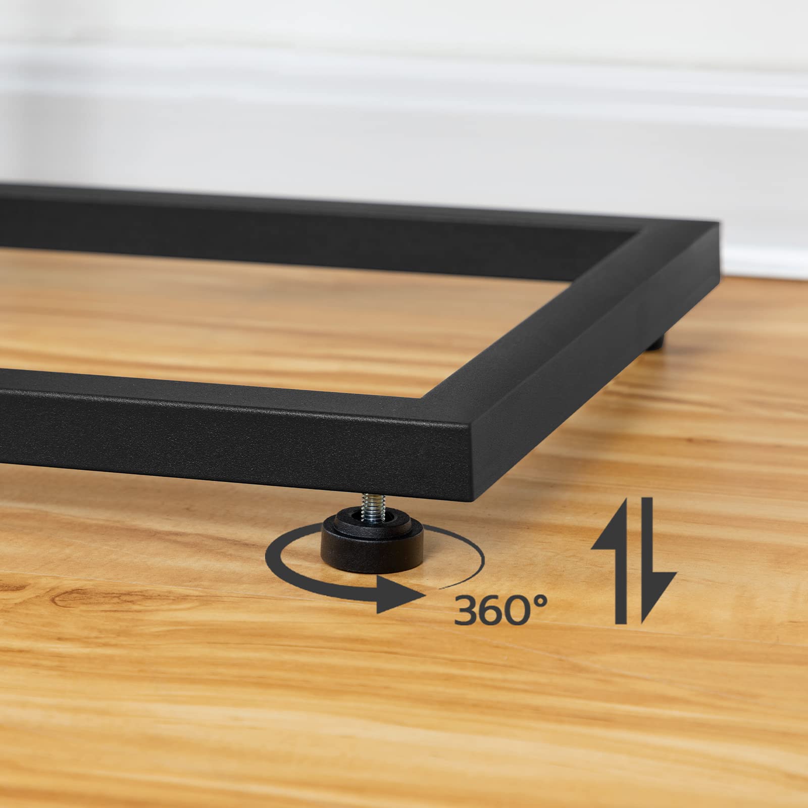 Black metal bed frame leg on a wooden floor with 360-degree rotation illustration.