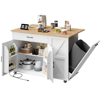 White kitchen island with storage compartments and a wooden countertop on a white background