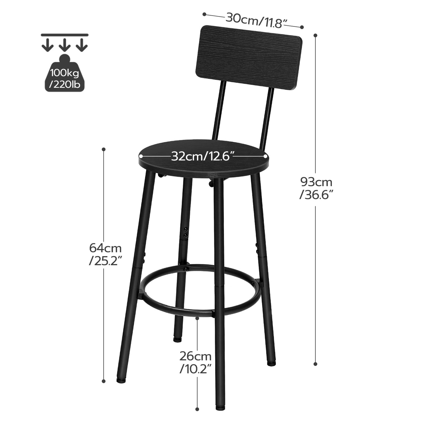HOOBRO Black 25.2-inch Round Bar Stools with Backrest /2PICS