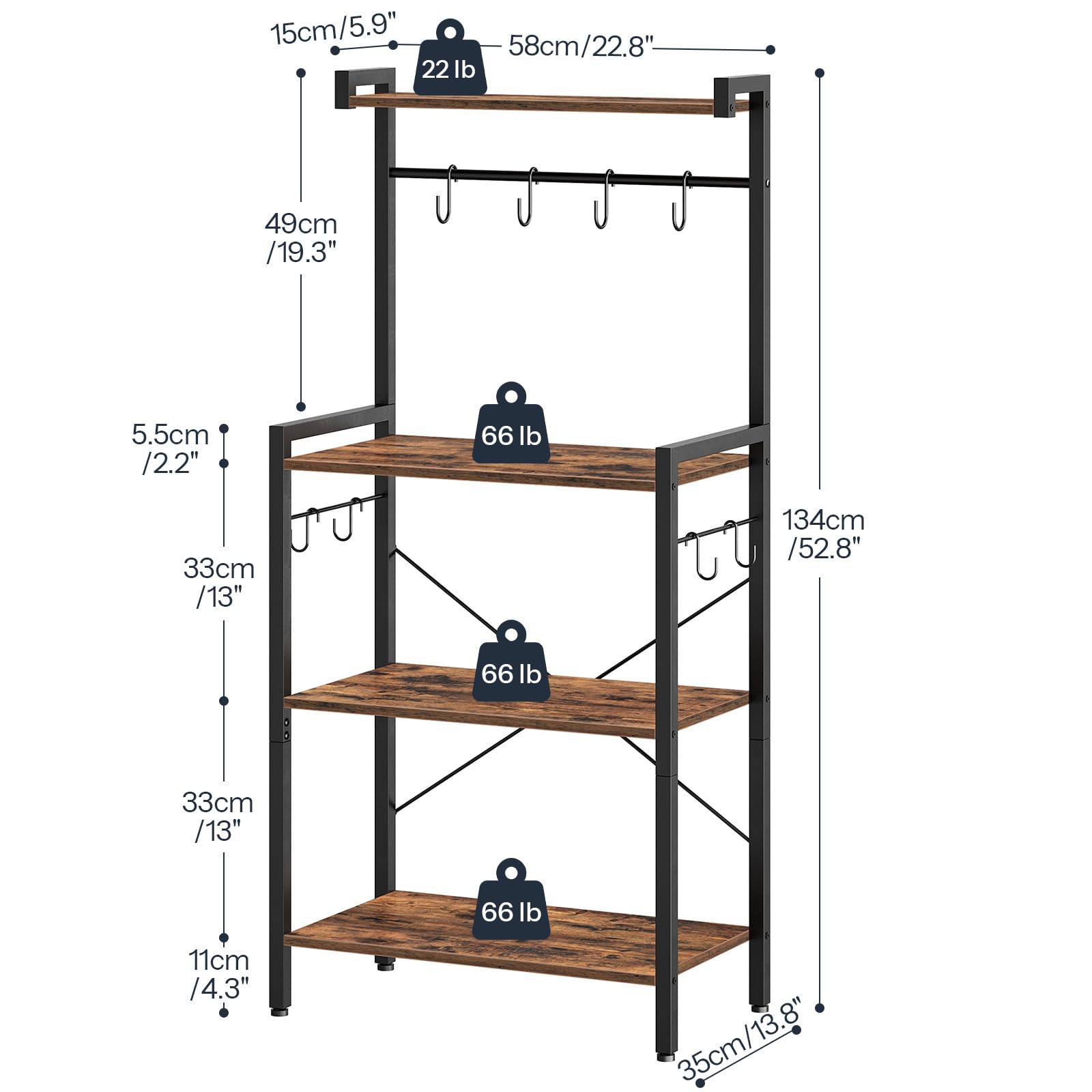 Measurement chart of a four-tier shelf with wooden shelves and metal brackets on a white background.