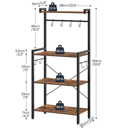 Measurement chart of a four-tier shelf with wooden shelves and metal brackets on a white background.