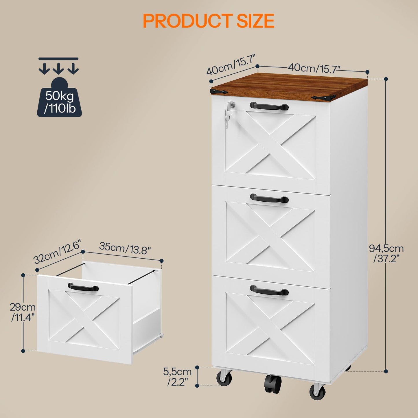 HOOBRO Wooden 3 Drawer Farmhouse File Cabinet for A4/Letter-Size