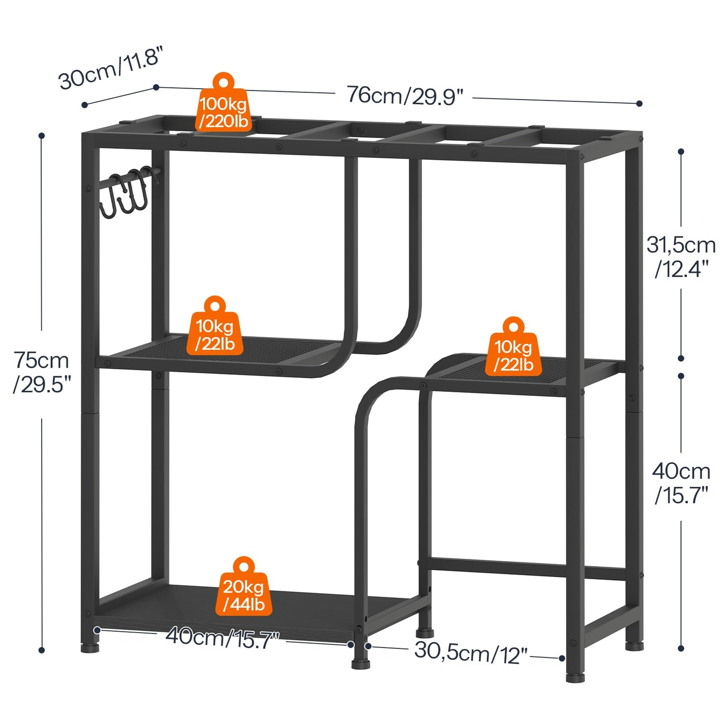 Black metal shelf with dimensions and weight capacity indicators on a white background