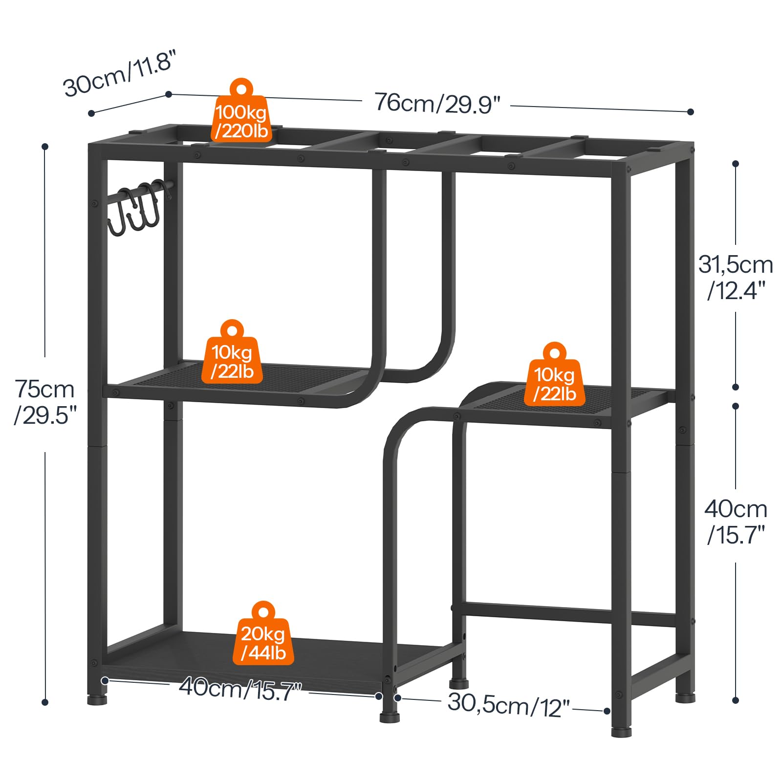 Black metal shelf with dimensions and weight capacity indicators on a white background