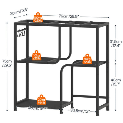 Black metal shelf with dimensions and weight capacity indicators on a white background