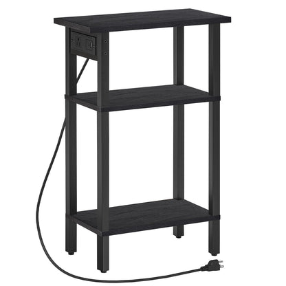 HOOBRO Narrow Side Table, 3-Tier Slim End Table with Charging Station, Skinny Nightstand with Open Storage, for Small Spaces, Living Room, Bedroom, Study, Rustic Brown and Black BB340UBZ01