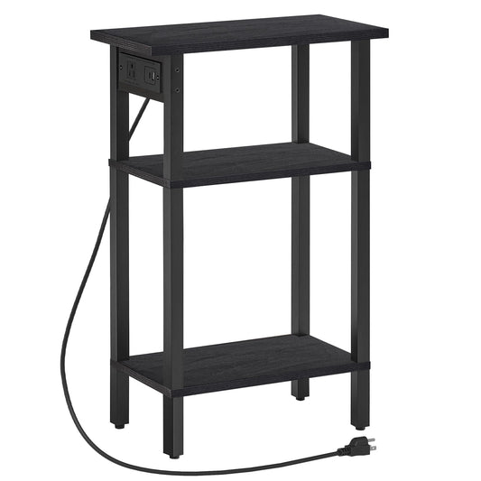 HOOBRO Narrow Side Table, 3-Tier Slim End Table with Charging Station, Skinny Nightstand with Open Storage, for Small Spaces, Living Room, Bedroom, Study, Rustic Brown and Black BB340UBZ01