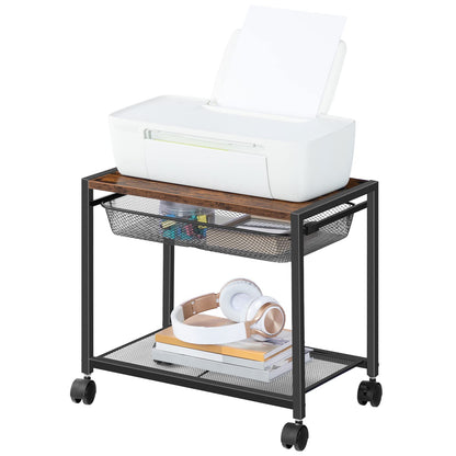 HOOBRO Retro Brown Double-Layer Movable Printer Stand Trolley with Wheels & Storage Shelf