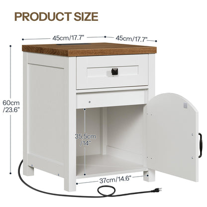 White nightstand with wooden top and dimensions displayed