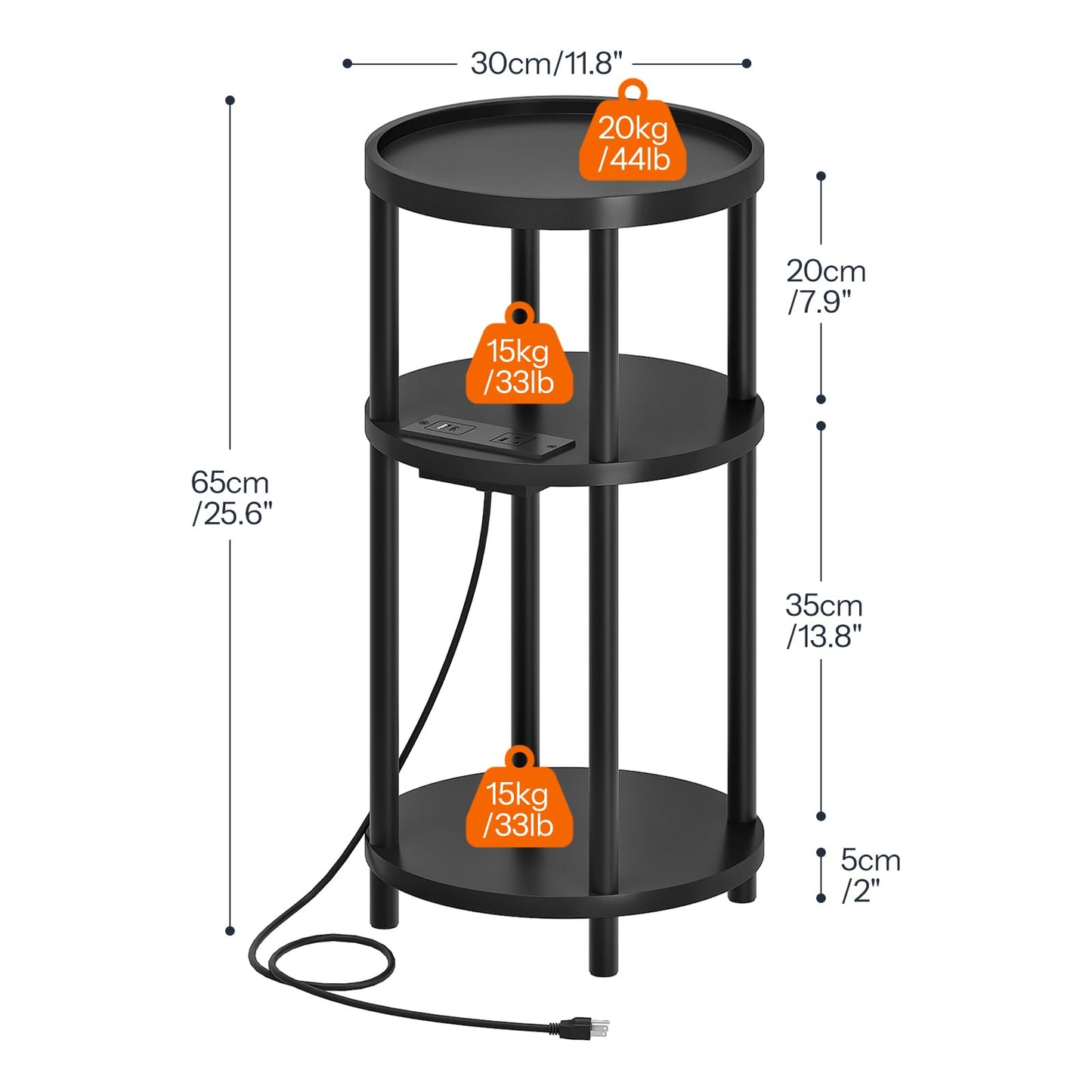 HOOBRO 3-Tier Bamboo Round Side Table with Charging Station