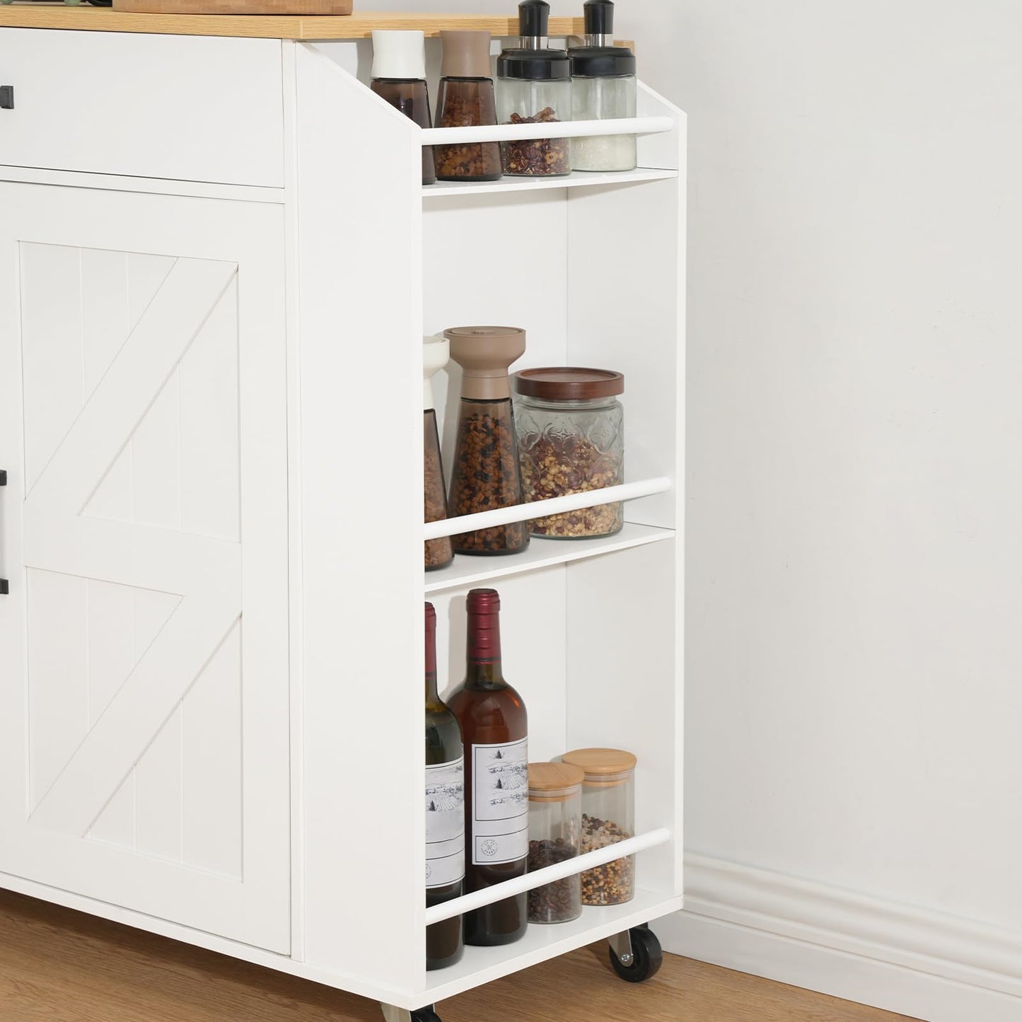 HOOBRO White Movable Kitchen Island with Folding Countertop & Power Outlet & Drawers & Spice Rack