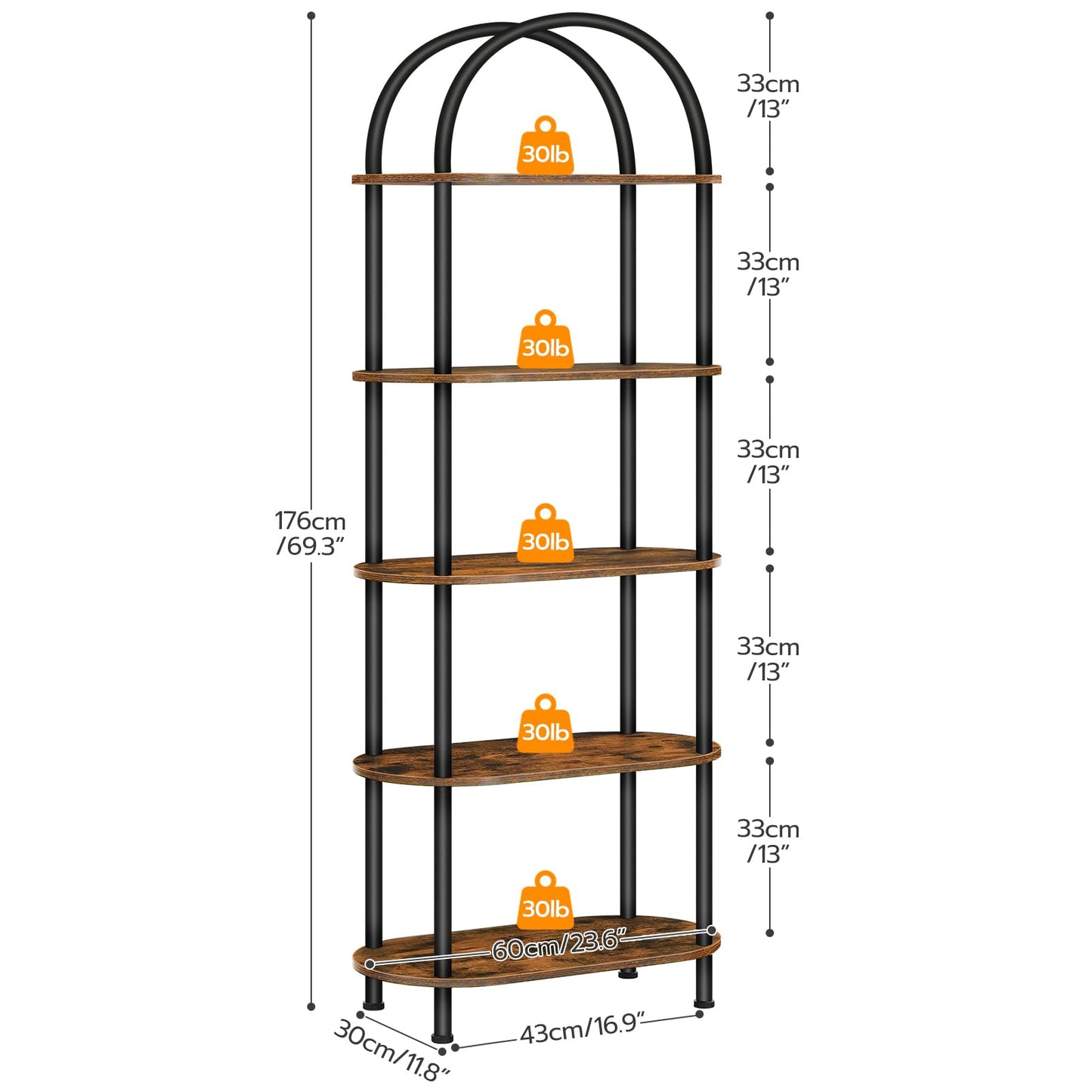 HOOBRO Retro Brown Wood Five-Tier Open Industrial Style Arched Bookshelf Display Rack