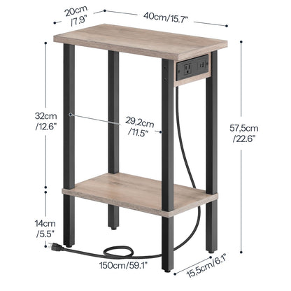 HOOBRO Narrow Side Table, 2-Tier Slim End Table with Charging Station, Skinny Nightstand with Open Storage, for Small Spaces, Living Room, Bedroom, Study, Greige and Black BG240UBZ01