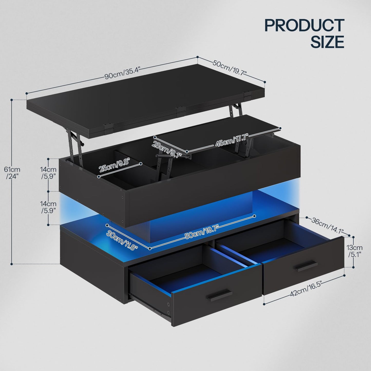 Black lift-top table with blue LED lighting and dimensions on a gray background