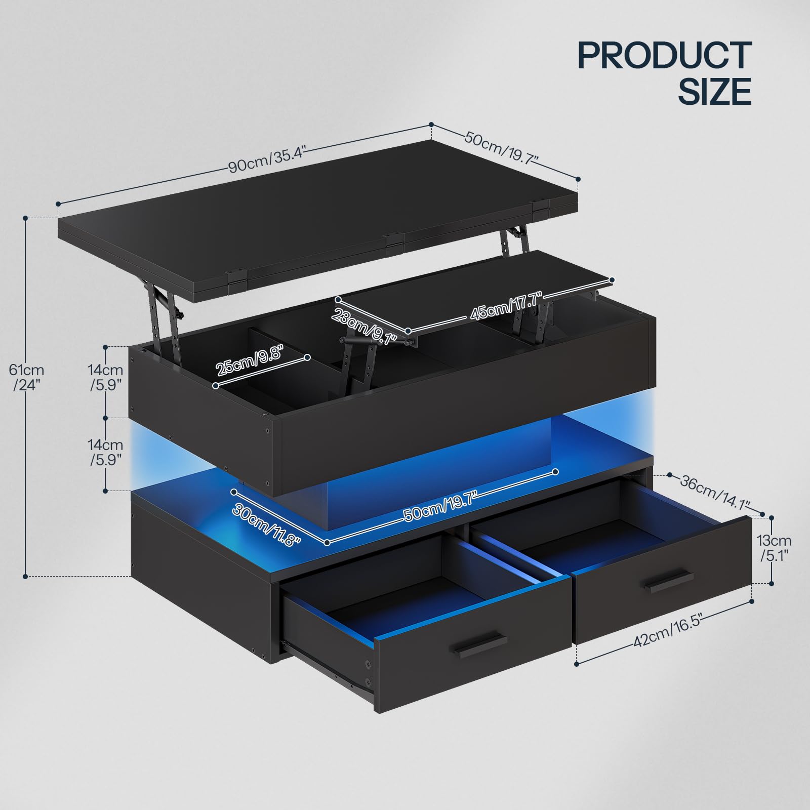 Black lift-top table with blue LED lighting and dimensions on a gray background