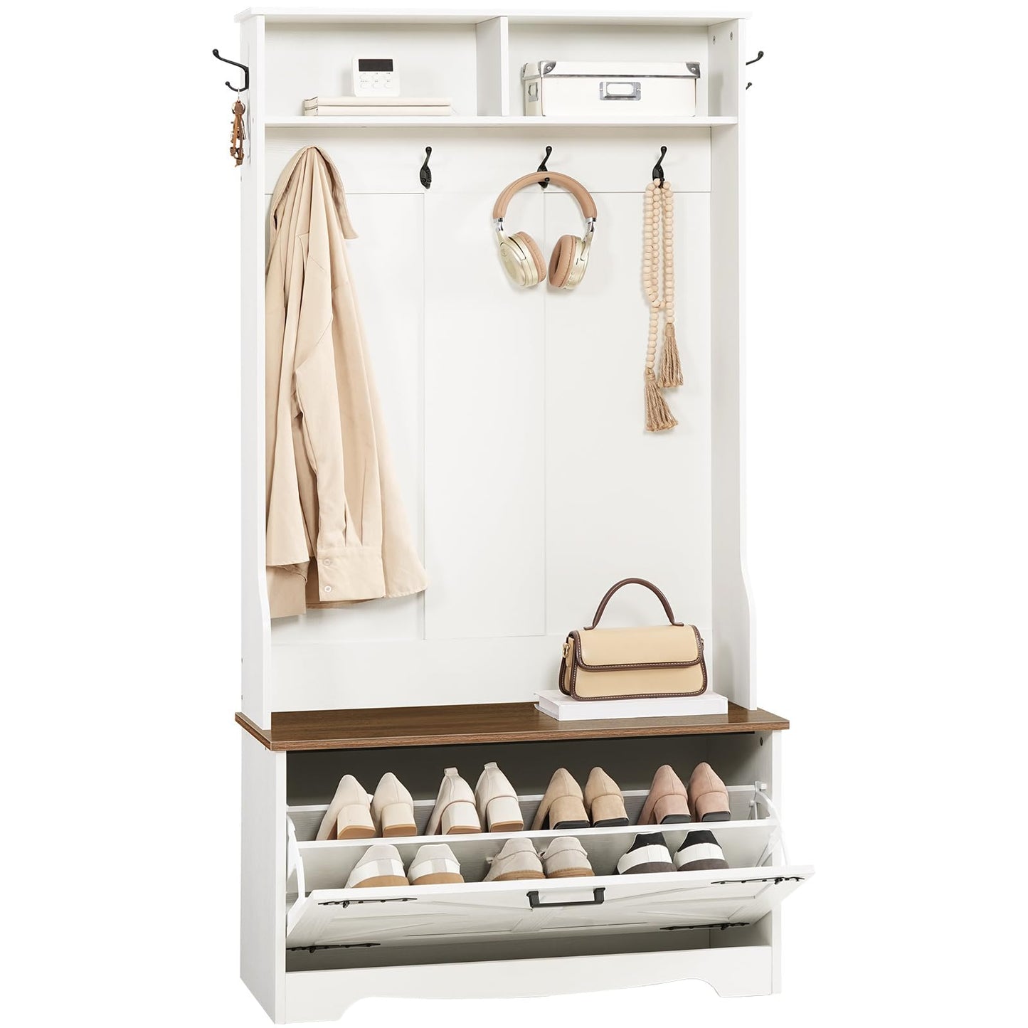 HOOBRO Hallway Coat Rack with Coat Rack Bench & Shoe Cabinet & Flip-Top Drawers