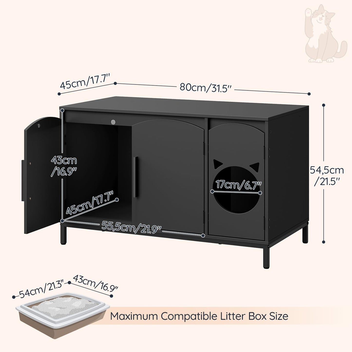 HOOBRO Black Concealed Elegant Arched Door Design Wooden Cat Head Decor Cat Litter Box Storage Cabinet