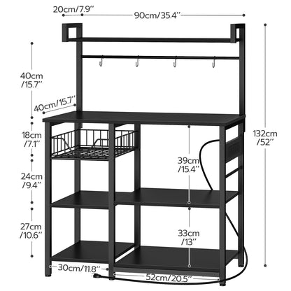 HOOBRO Bakers Rack with Power Outlet, 35.4 Inches Coffee Bar with Mesh Basket, Microwave Stand with 4 S-Shaped Hooks, Kitchen Bakers Rack with Storage, Easy to Assemble, Black BB05HB01