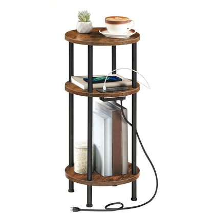 HOOBRO 3-Tier Small Round Side Table with Charging Station