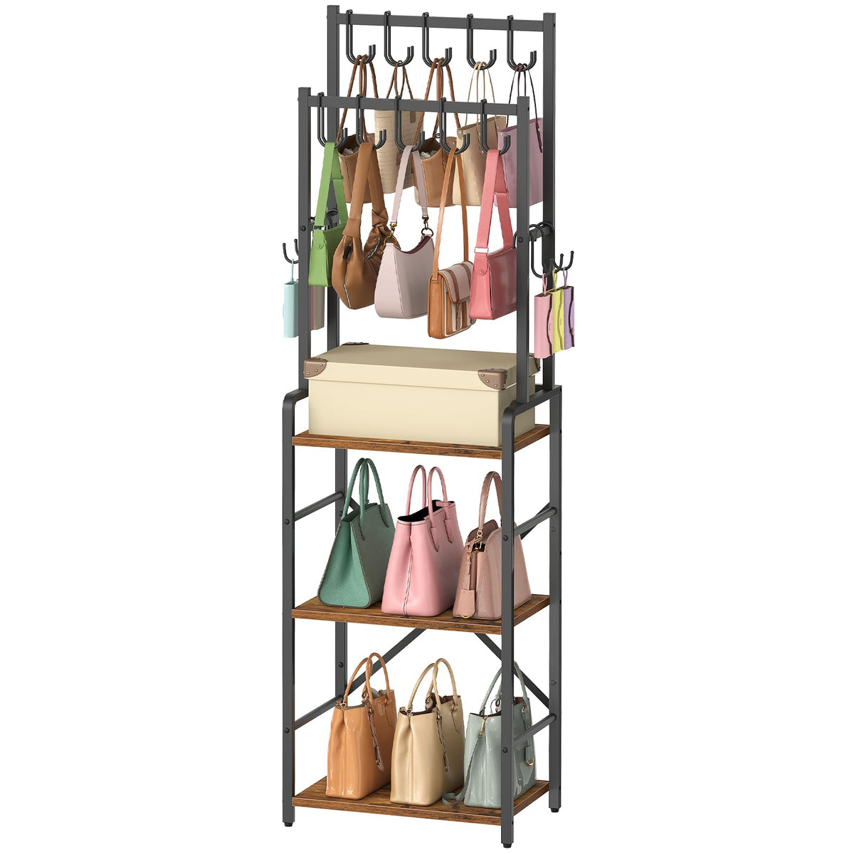 HOOBRO Tall Purse Organizer for Closet, 3-Tier Handbag Rack with 10 J-Hooks