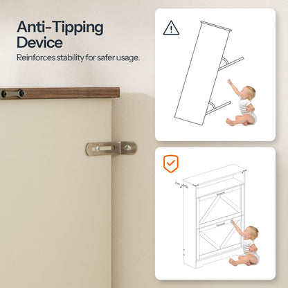 HOOBRO Warm White 31.5-inch Farmhouse Style Long Shoe Cabinet with 2 Flip-Top Drawers & Open Shelves & Adjustable Shelves