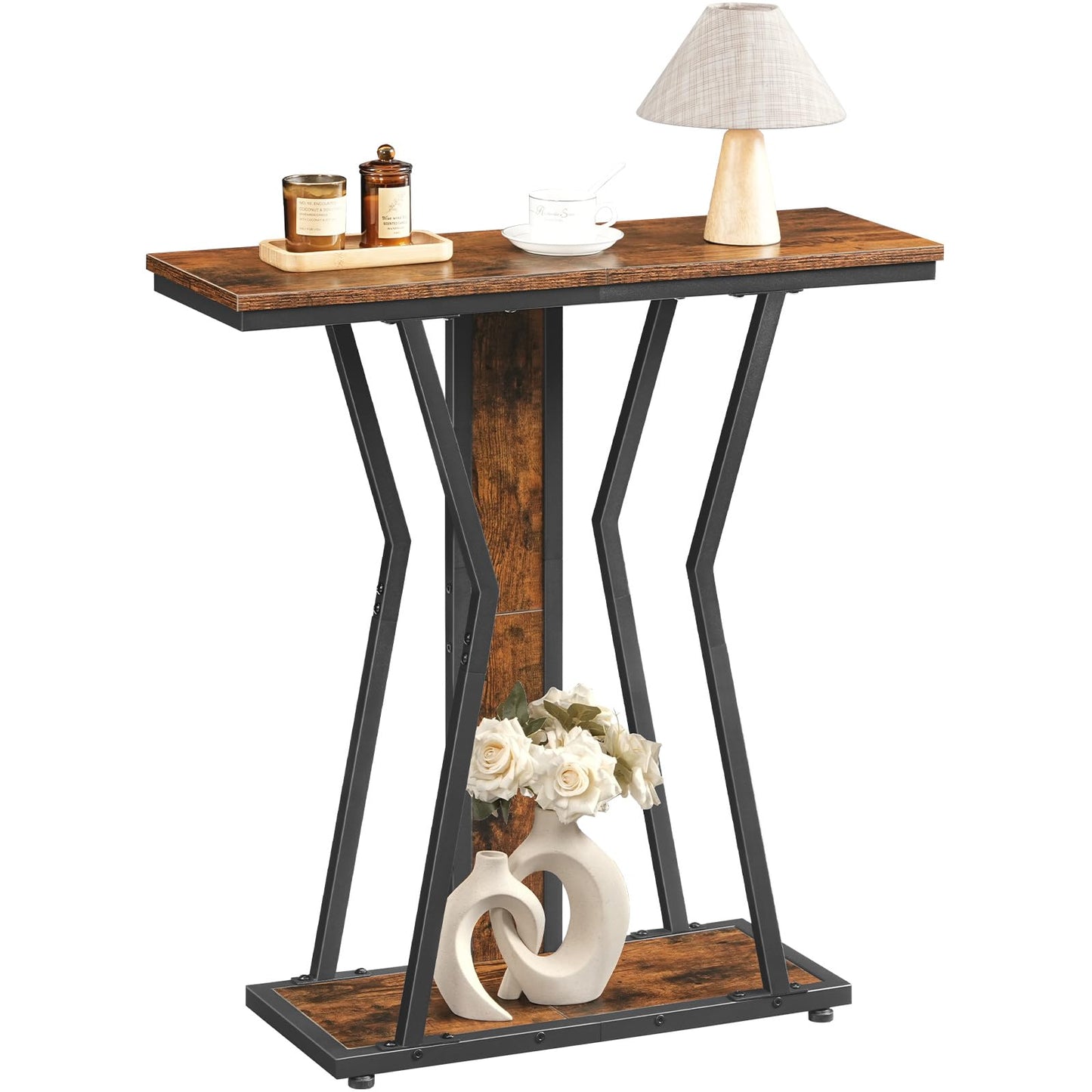 Wooden side table with metal legs and decorative items on a white background