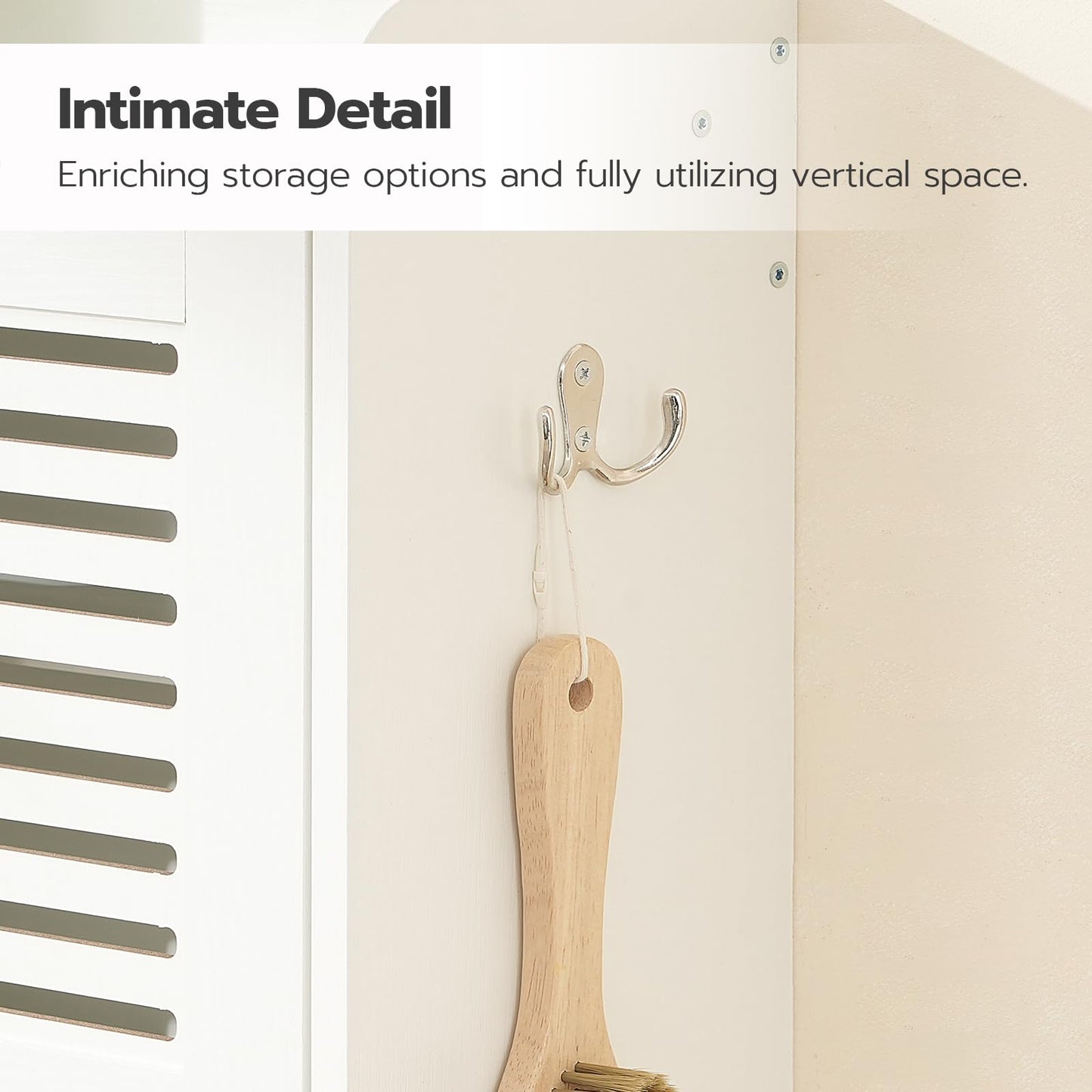 Wooden hanger with a hook attached to a wardrobe door, text 'Intimate Detail' and 'Enriching storage options and fully utilizing vertical space.'.