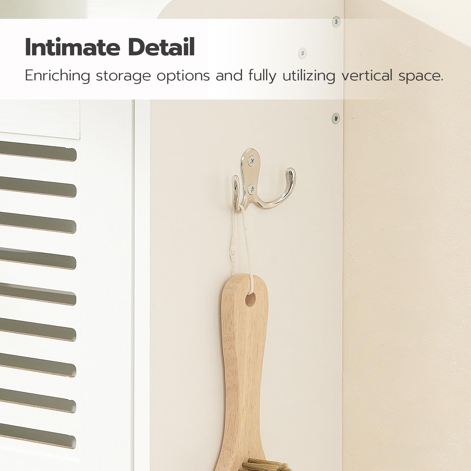 Wooden hanger with a hook attached to a wardrobe door, text 'Intimate Detail' and 'Enriching storage options and fully utilizing vertical space.'.