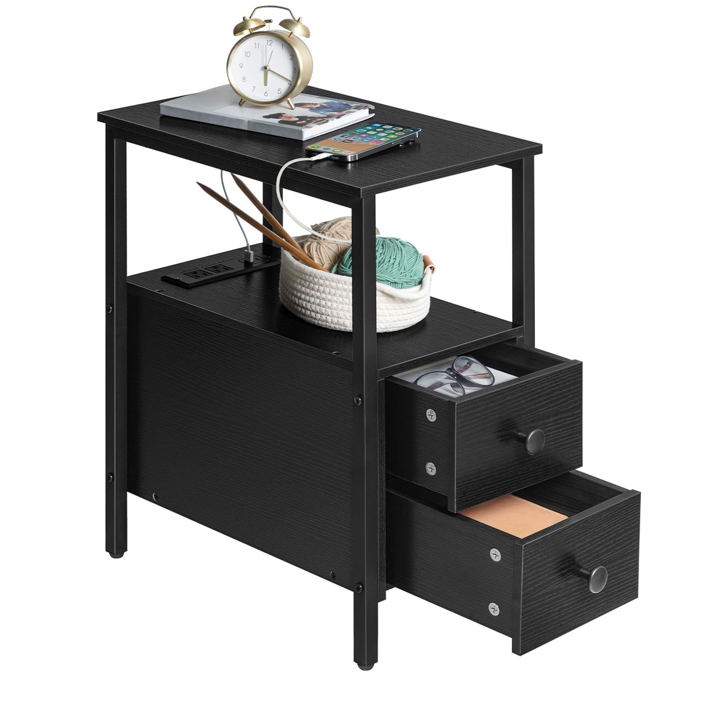 HOOBRO Black Narrow Side Table with 2 Drawers & USB Port & Power Outlet