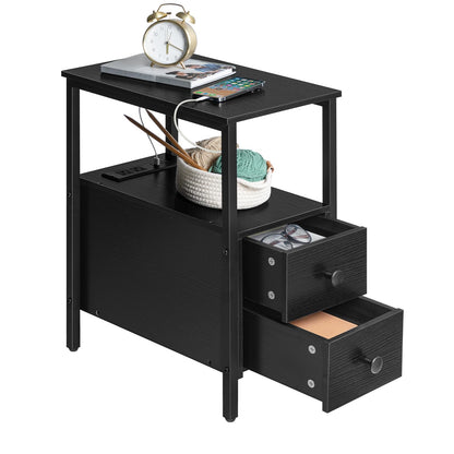 HOOBRO Black Narrow Side Table with 2 Drawers & USB Port & Power Outlet
