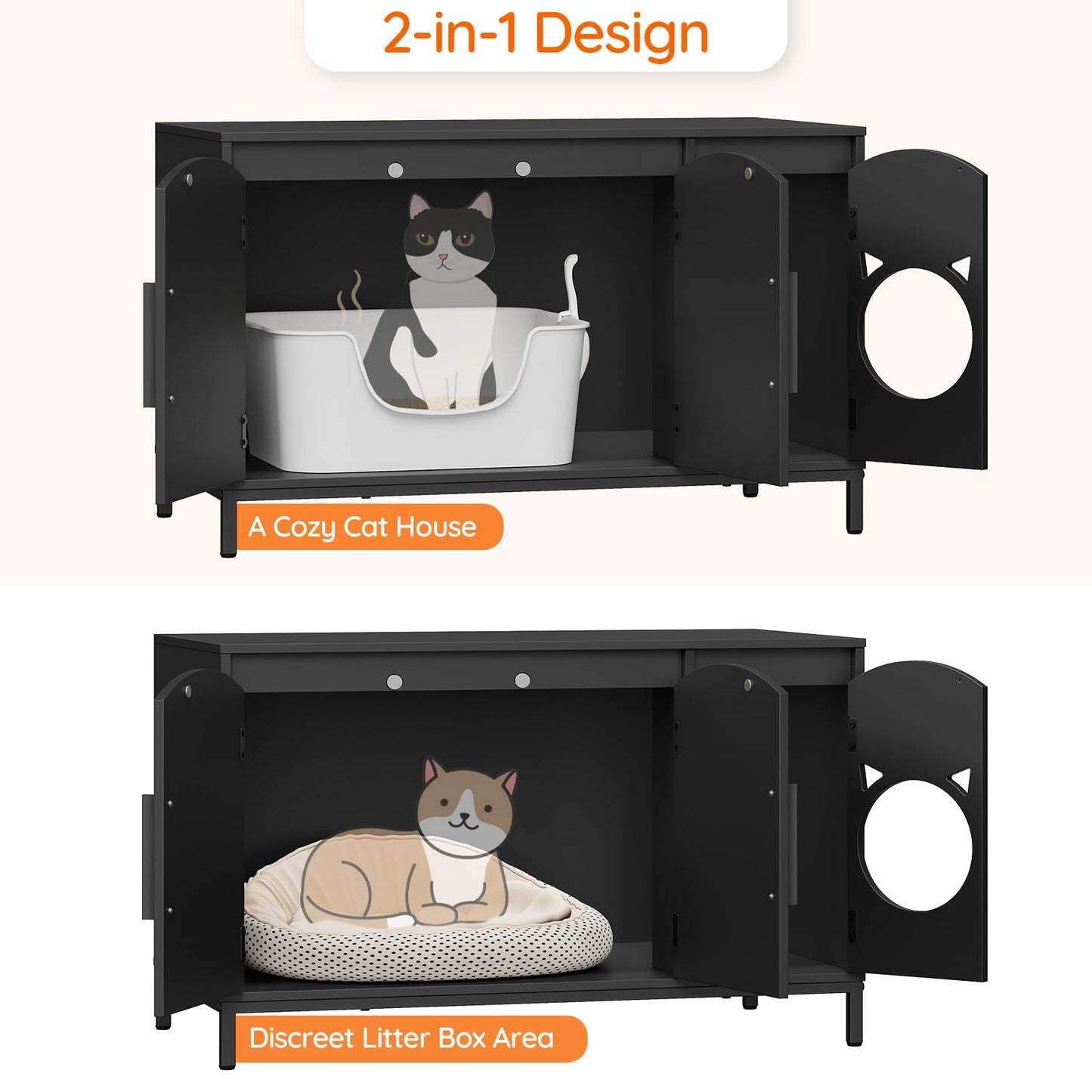 HOOBRO Black Concealed Elegant Arched Door Design Wooden Cat Head Decor Cat Litter Box Storage Cabinet
