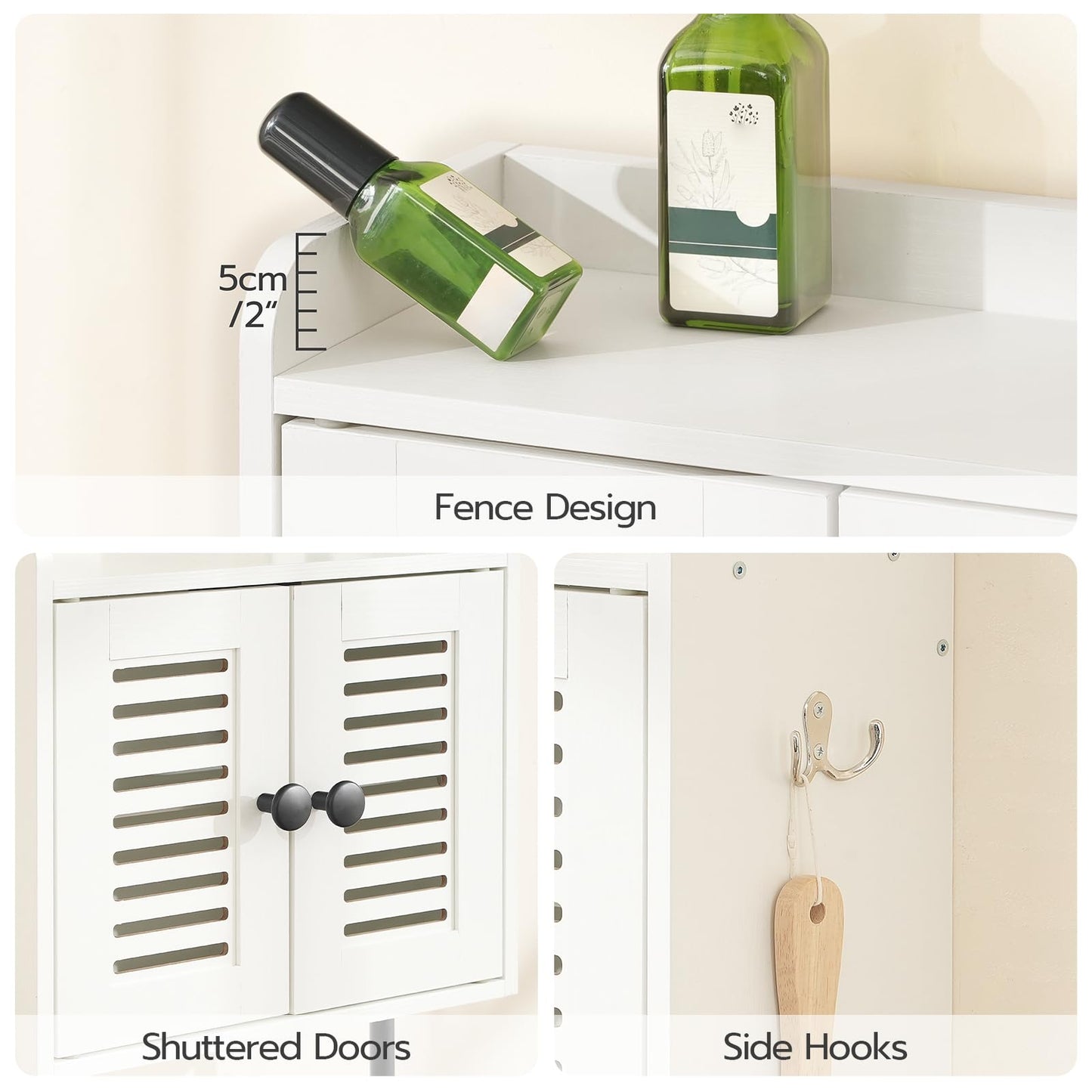 White cabinet with shuttered doors and side hooks, featuring a green bottle on a shelf.
