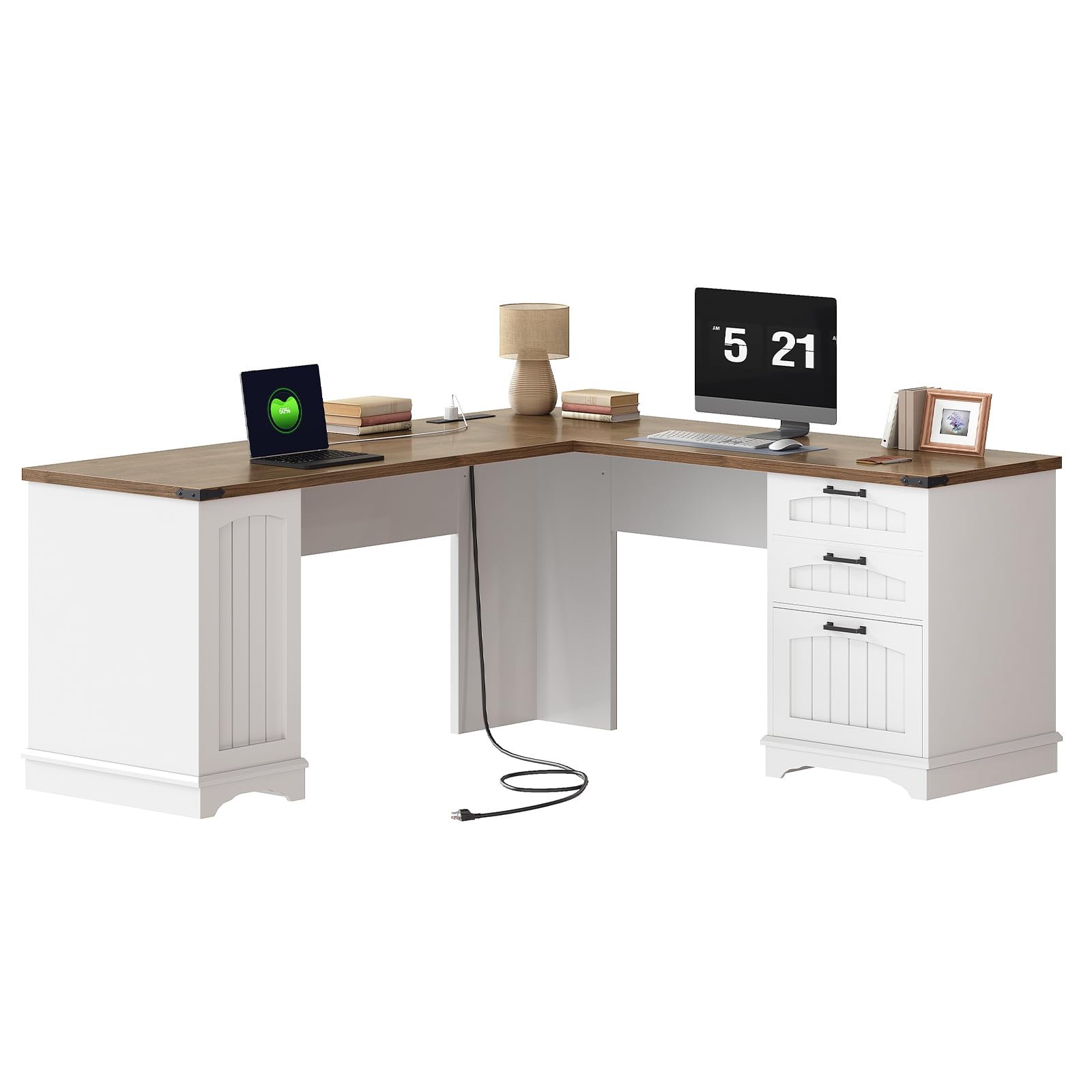 White L-shaped desk with wooden top on a white background