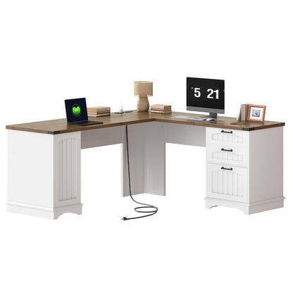 White L-shaped desk with wooden top on a white background