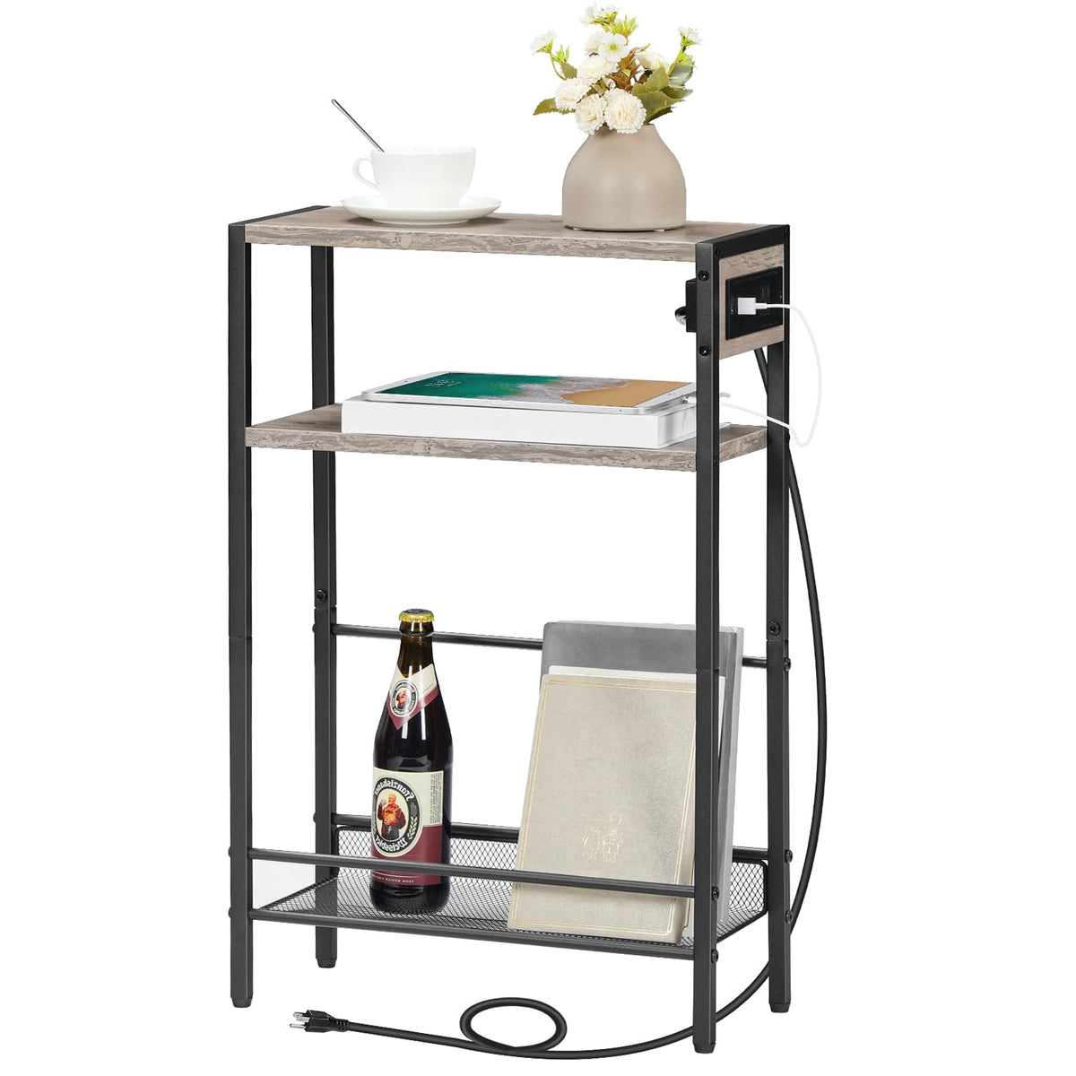 HOOBRO Small Narrow Side Table with Charging Station, Skinny End Table for Small Spaces, Slim Nightstand with USB Ports Outlet, Sofa Beside Table with Storage Shelf, Greige and Black BG102UBZ01