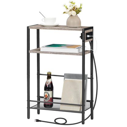 HOOBRO Small Narrow Side Table with Charging Station, Skinny End Table for Small Spaces, Slim Nightstand with USB Ports Outlet, Sofa Beside Table with Storage Shelf, Greige and Black BG102UBZ01