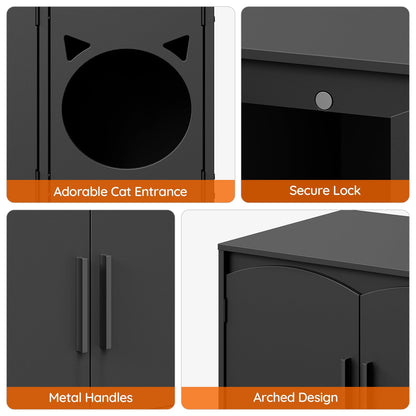 HOOBRO Black Concealed Elegant Arched Door Design Wooden Cat Head Decor Cat Litter Box Storage Cabinet