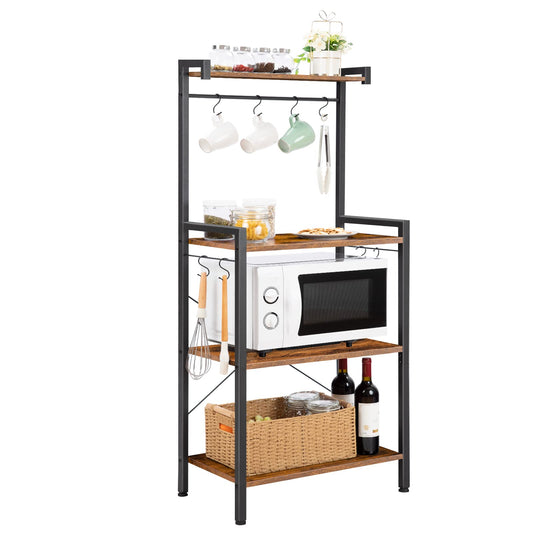 Kitchen shelf with microwave, cups, and other items on a white background