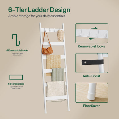 HOOBRO Blanket Ladder, 6-Tier Towel Rack with Hooks, Wall-Leaning Blanket Rack, Decorative Display Ladder Shelf, for Scarves, Industrial, Living Room, Bedroom, White WW66CJ01G1